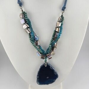 Blue Geode‎ Slice Pendant Necklace Beaded Boho Suede Cord Adjustable